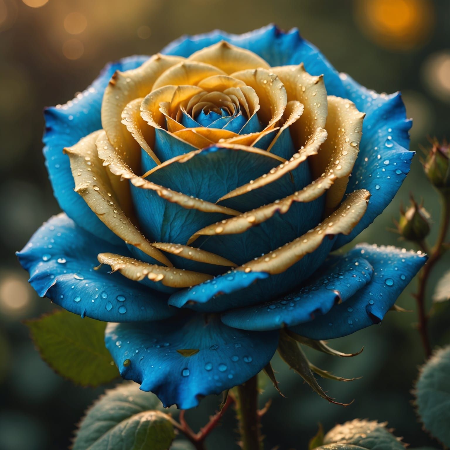 Blue Rose Dripping Gold Liquid in Splash Art Style