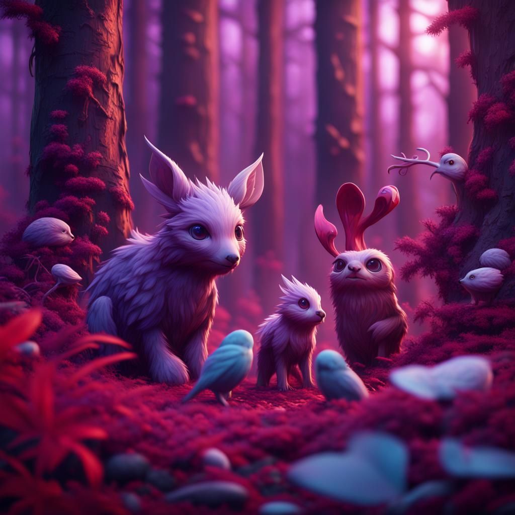 Cute Animals in Purple and Red Forest