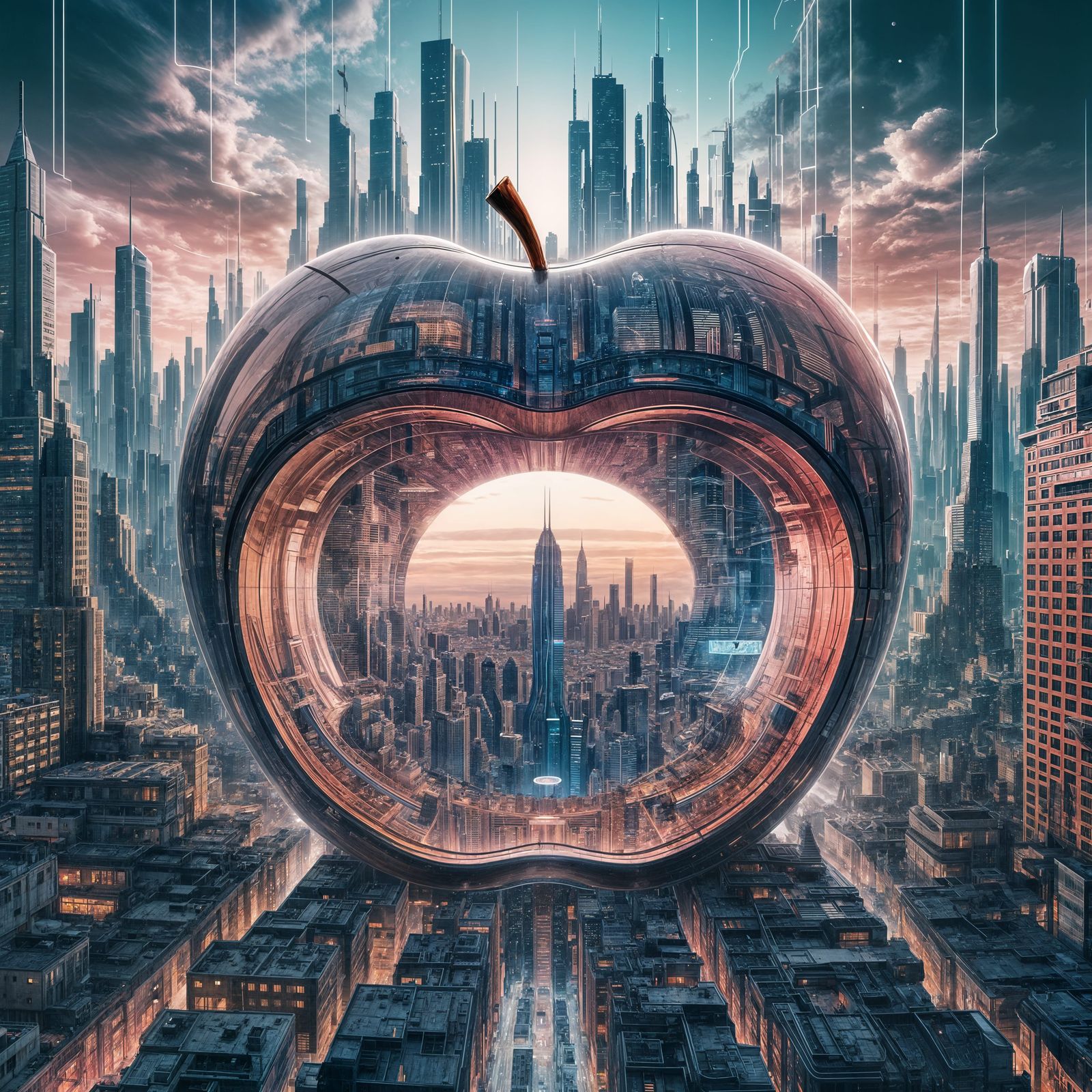 Futuristic Cityscape Revealed Inside Sliced Apple