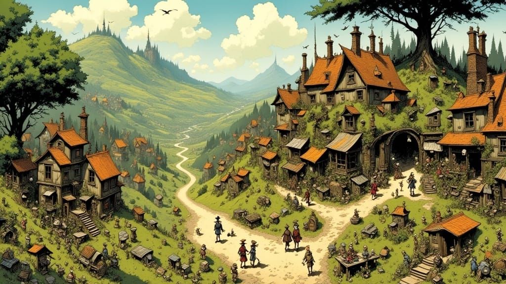 Whimsical Village in Dreamy Arthur Rackham Style