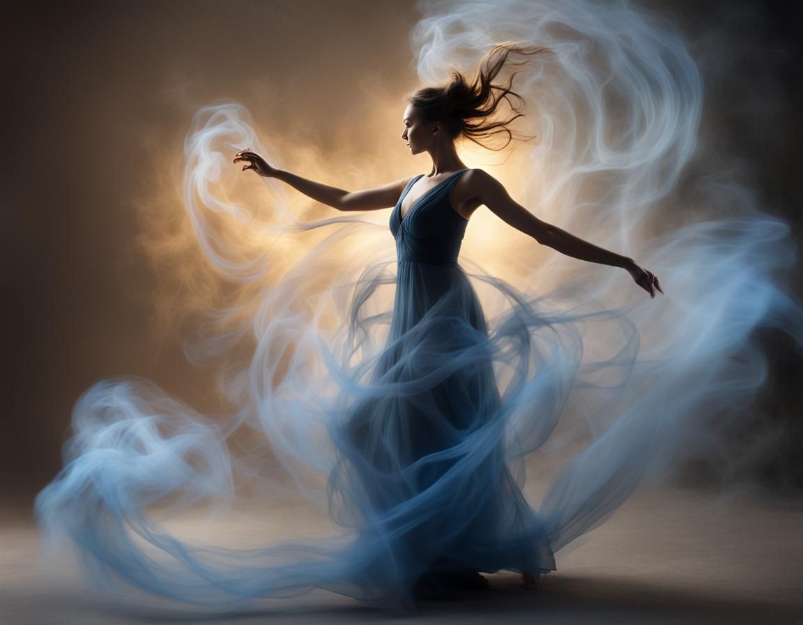 Ethereal Smoke Woman Dancing in Golden Light