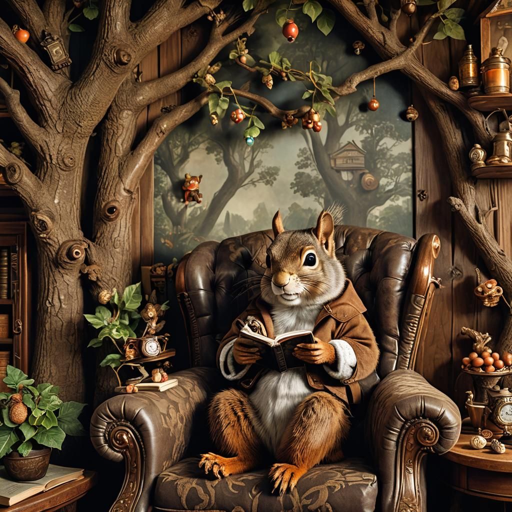 Cozy Squirrel in Surreal Treehouse Interior