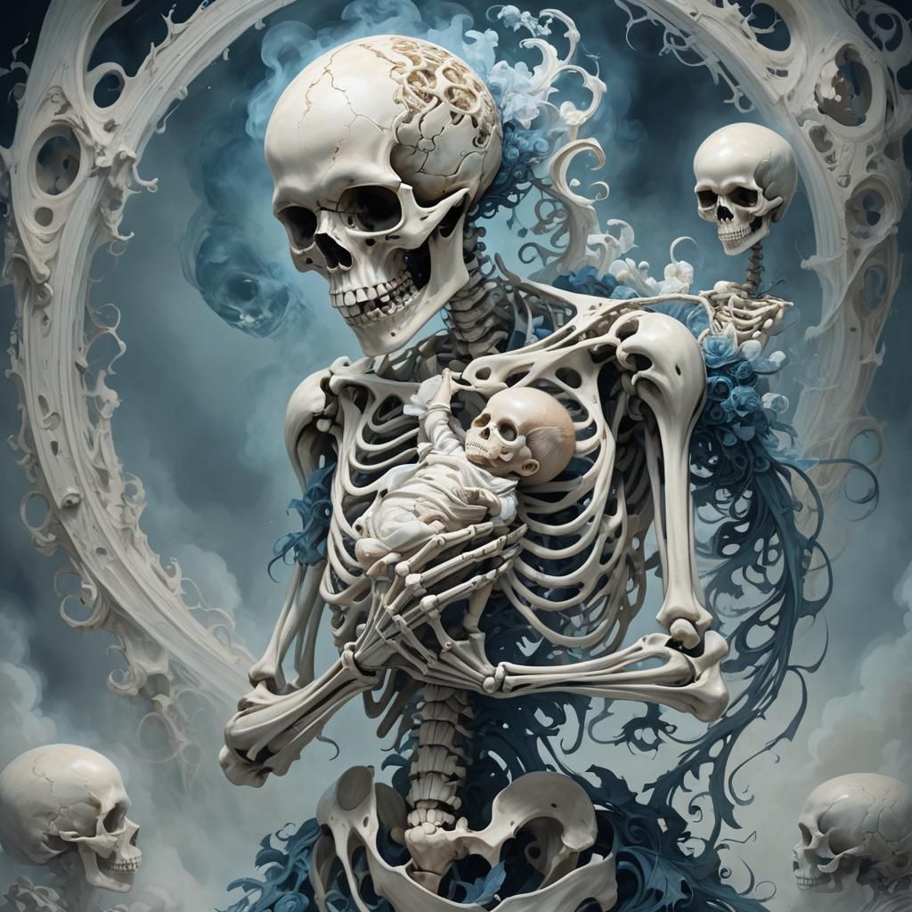 Surreal Skeletal Figure Holding Sleeping Baby