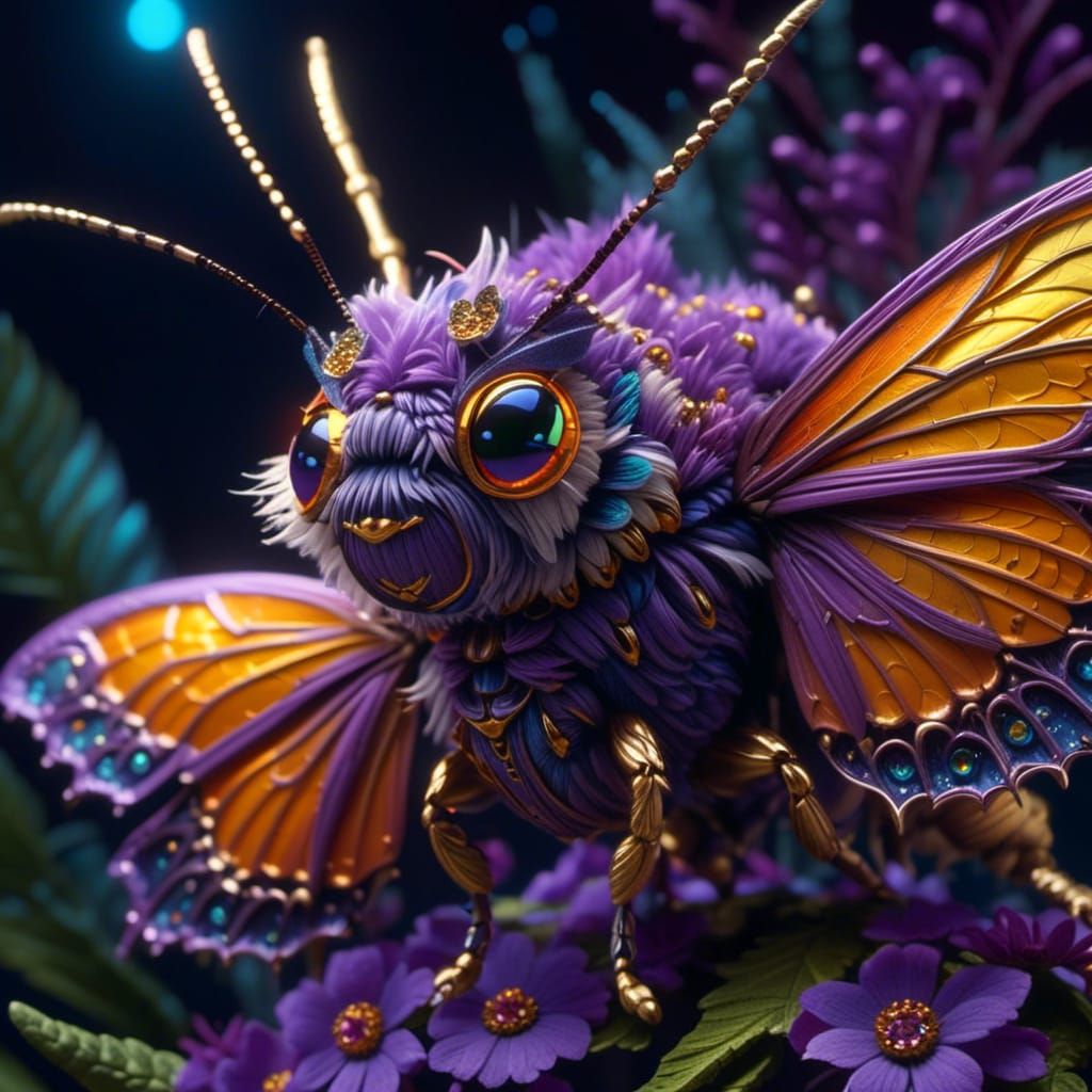 Fluffy Purple Moth in Moonlight: Hyperrealistic Concept Art