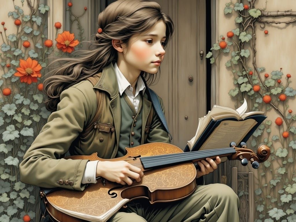 Street Musician in a Whimsical, Art Nouveau-Inspired Scene