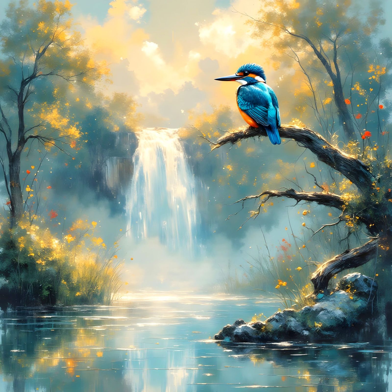 Ethereal Kingfisher in Dreamy Waterfall Scene