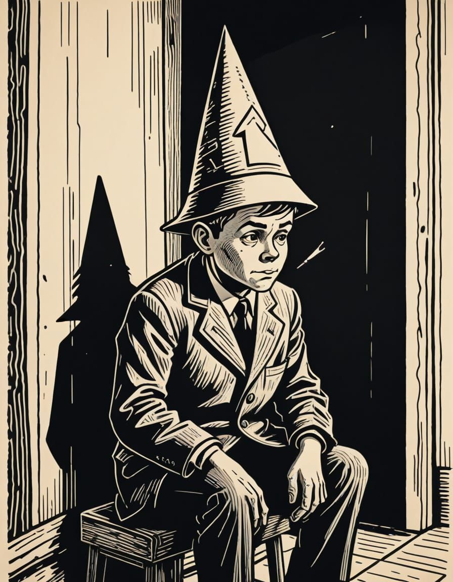 1950s Boy in Corner with Dunce Hat Linocut