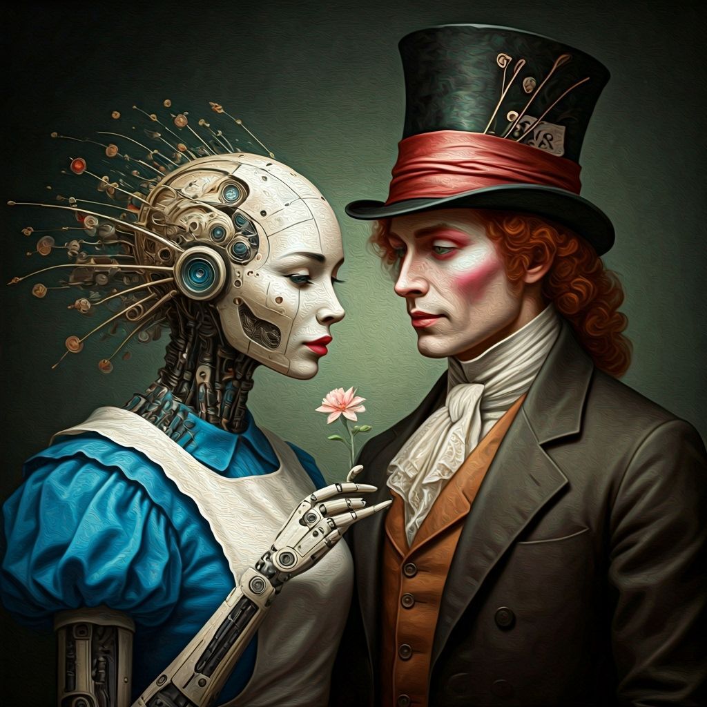 Futuristic Alice and Mad Hatter as Baroque Oil Painting