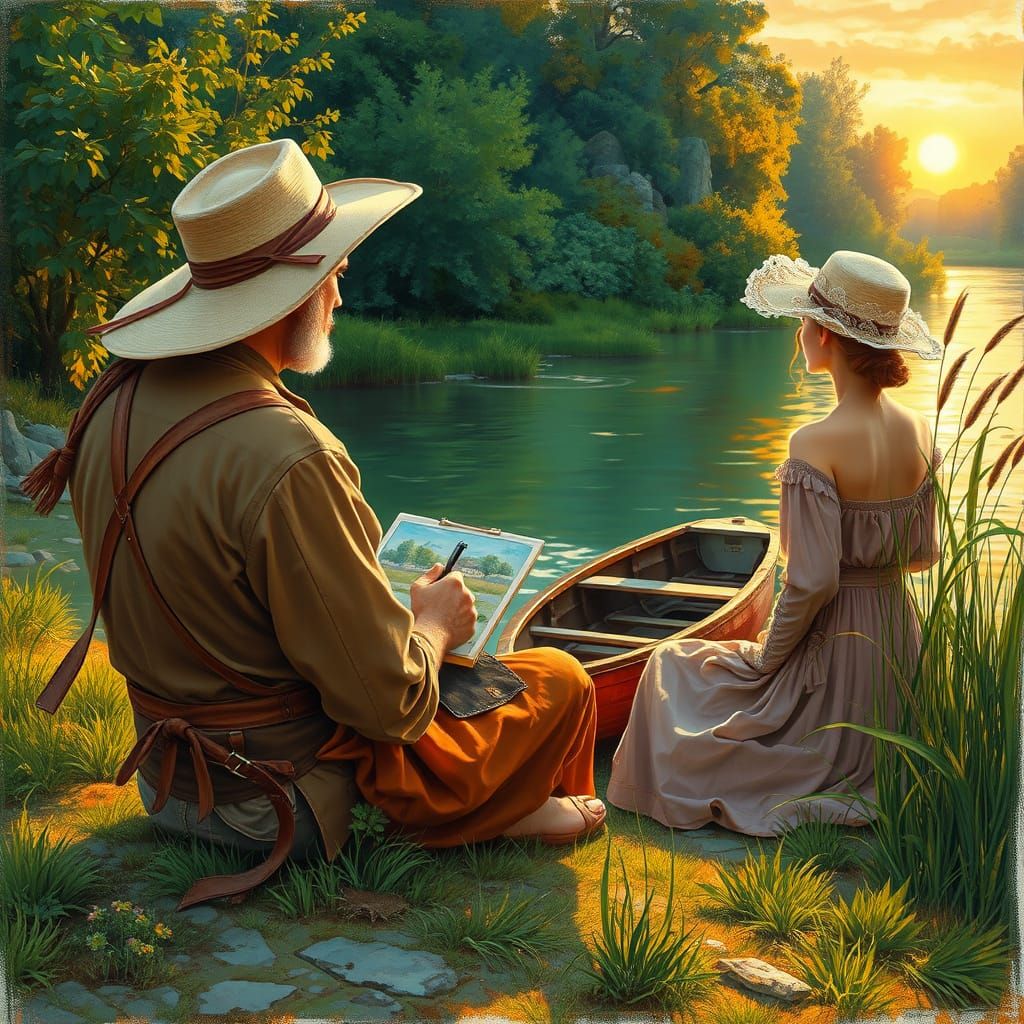 A serene scene of an artist painting by a tranquil riverbank. He captures the vibrant landscape, while a woman in a broa...