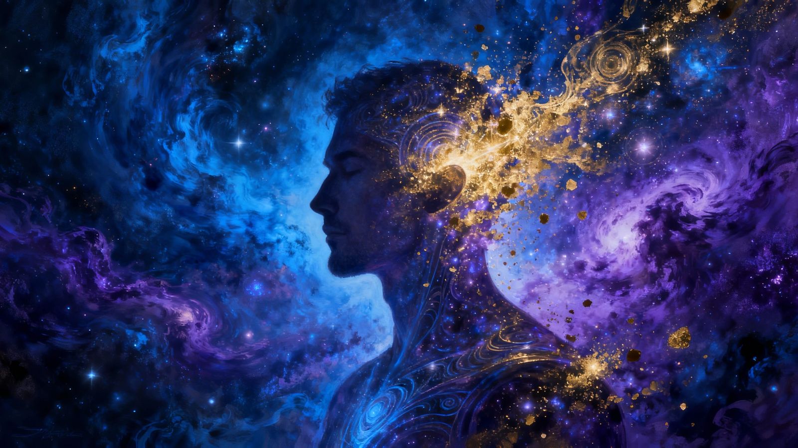 Man Dissolving into Cosmic Dust as Ego Awakens