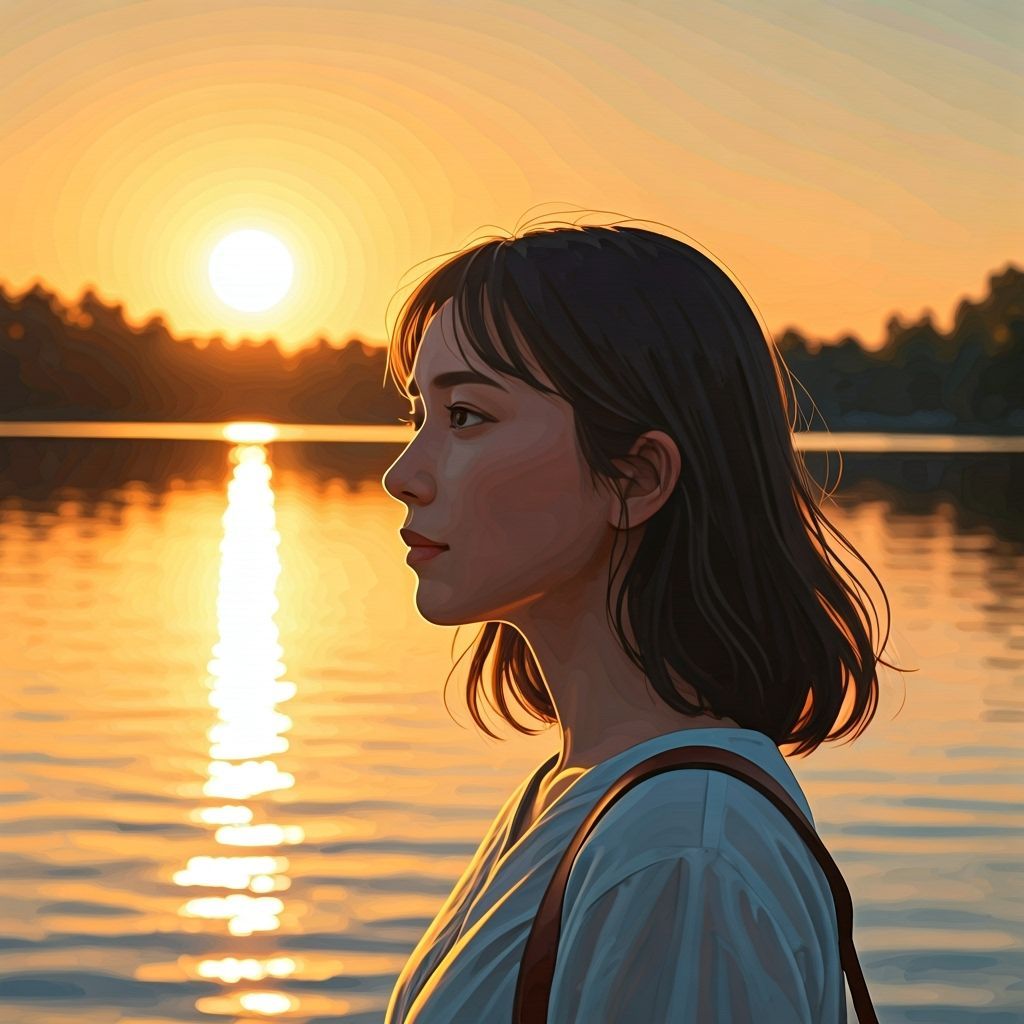 Woman by Lake at Sunset in Anime Style