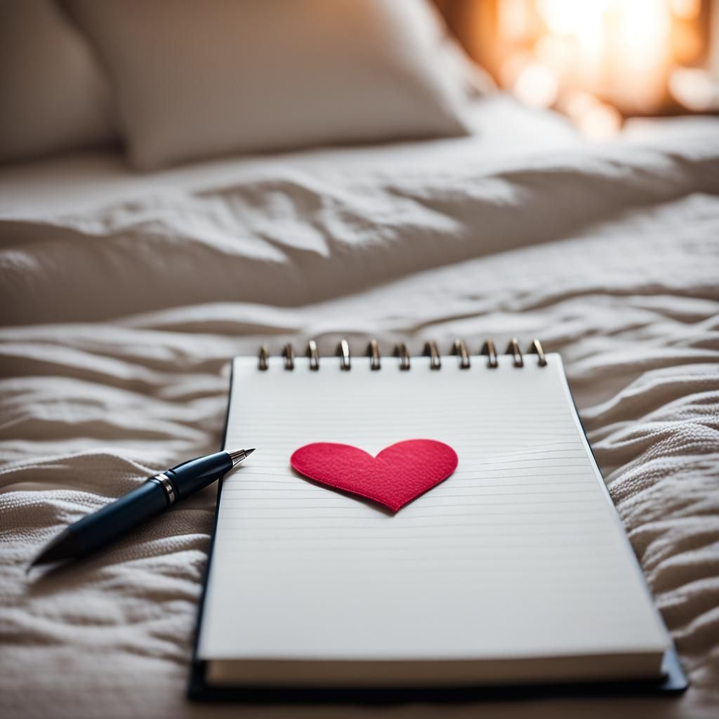 Notepad on Bed with Heart, Bokeh Photography