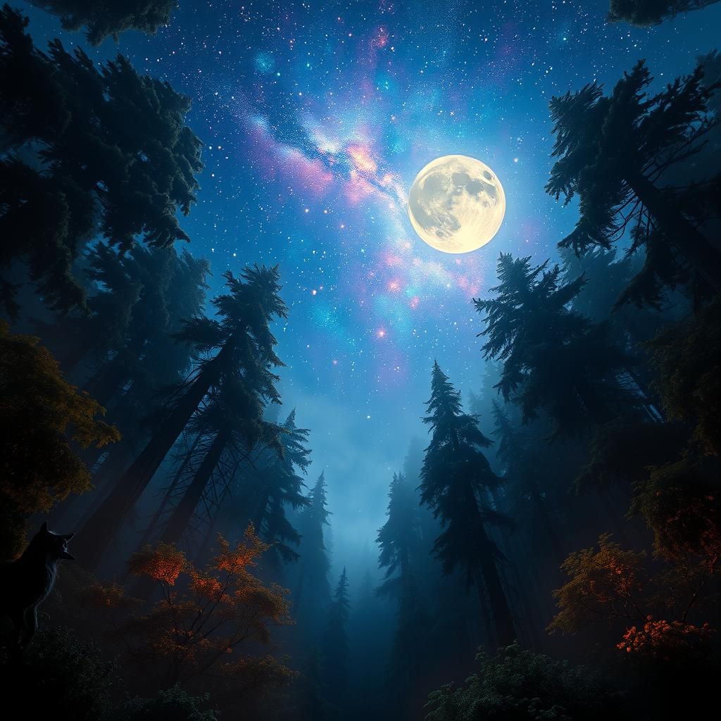 Starry Night Sky over Misty Forest: Fantasy Concept Art