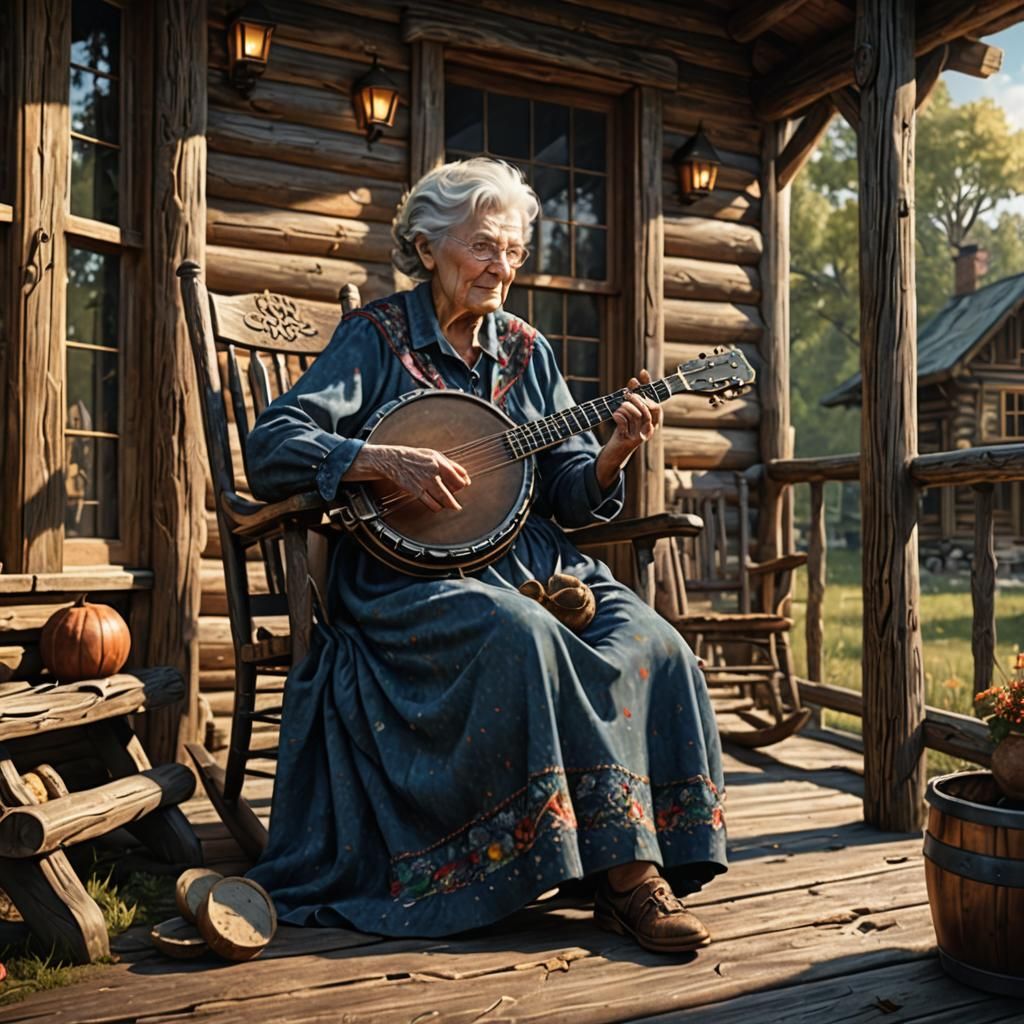 Old Woman Playing Banjo on Porch in Matte Painting