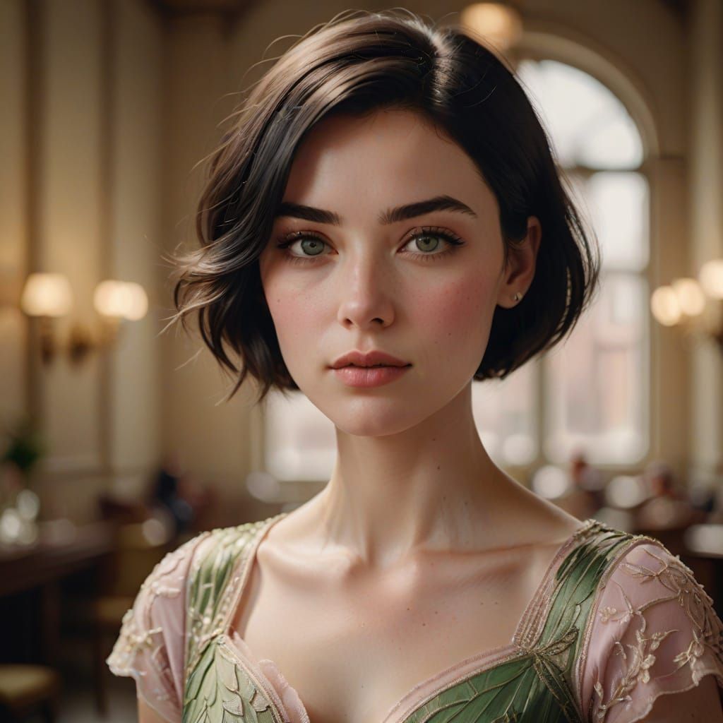 Gorgeous Woman in Elegant Dress with Golden Lighting