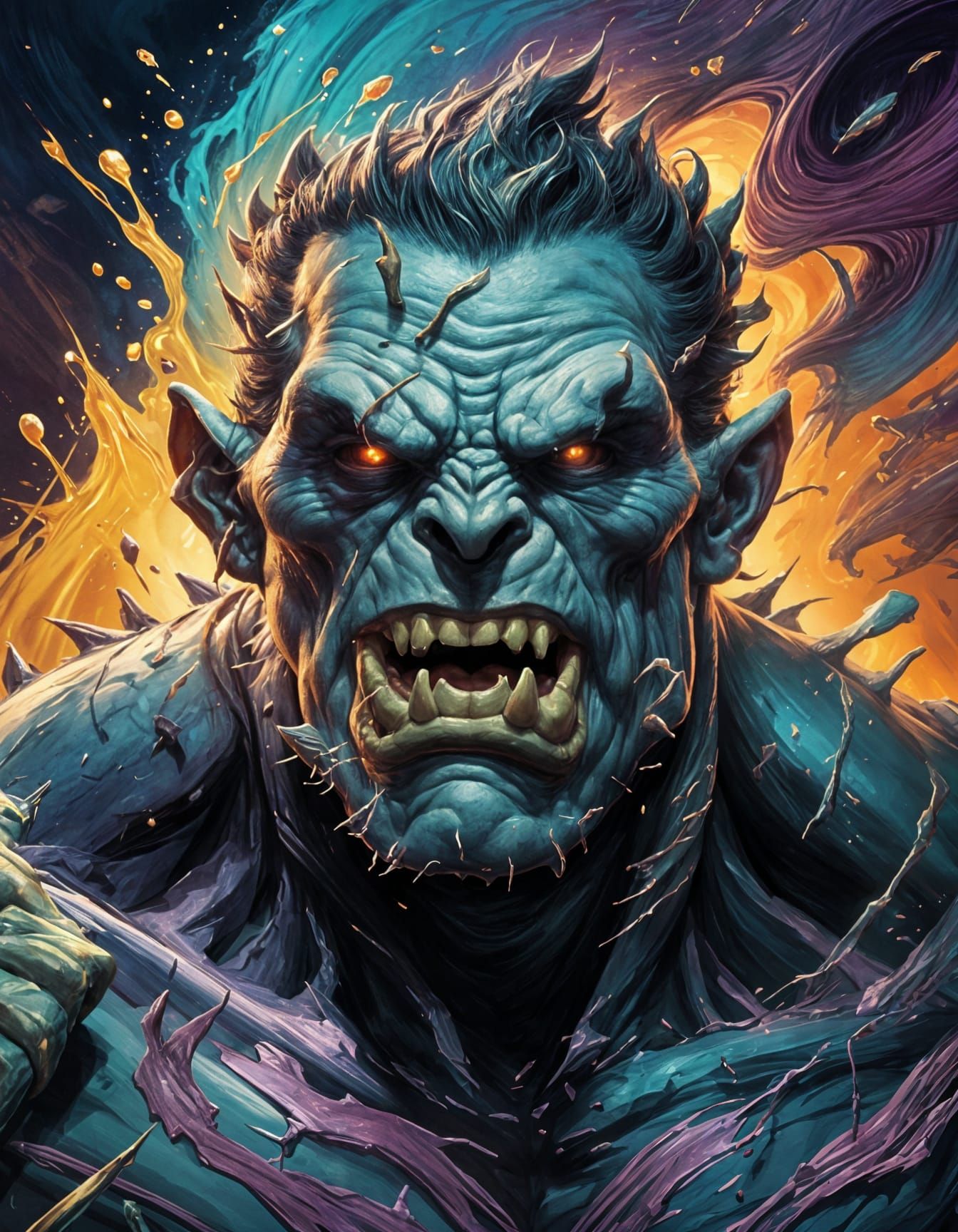 Hyperrealistic Anamorphic Frankenstein/Orc Splash Art