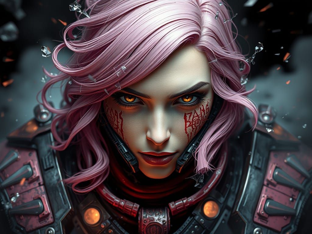 Wounded Female Warrior Breaks Through Glass, in Sci-Fi Style