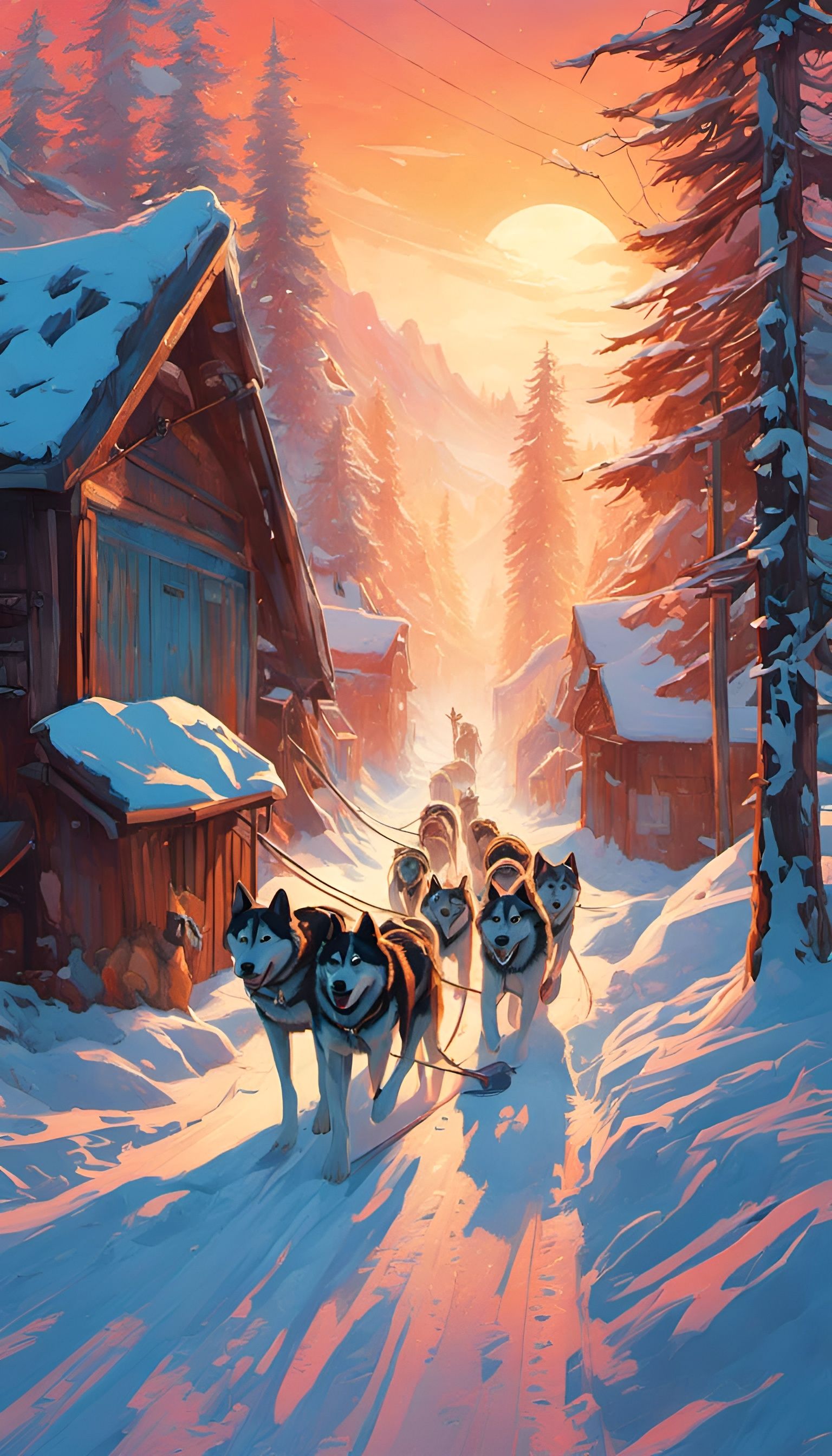 Sled Dogs Graffiti Art in Arctic Landscape