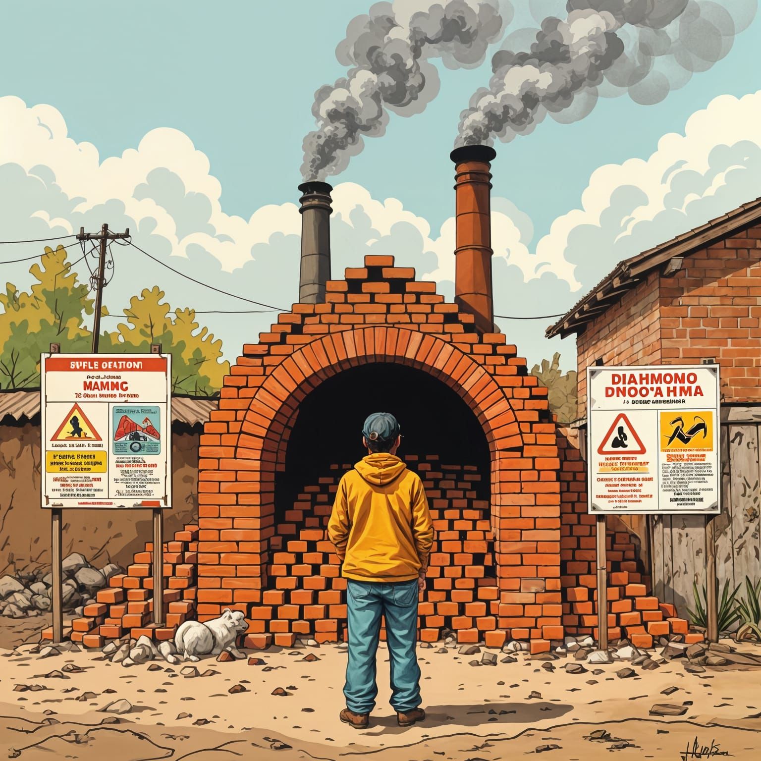 Brick Kiln Pollution: Rivera-esque Illustration