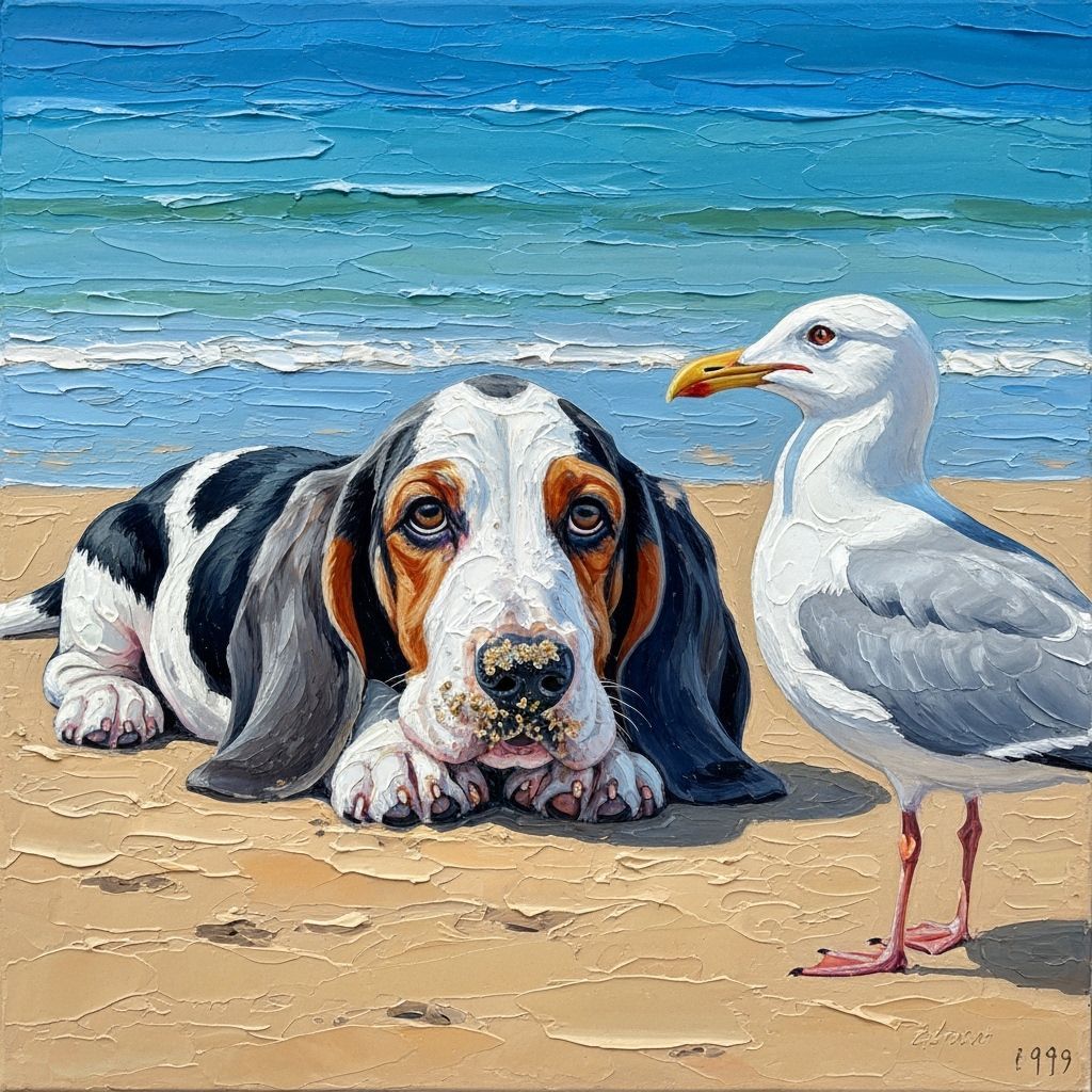 Basset Hound Puppy Befriends Seagull on Beach in Impasto Sty...