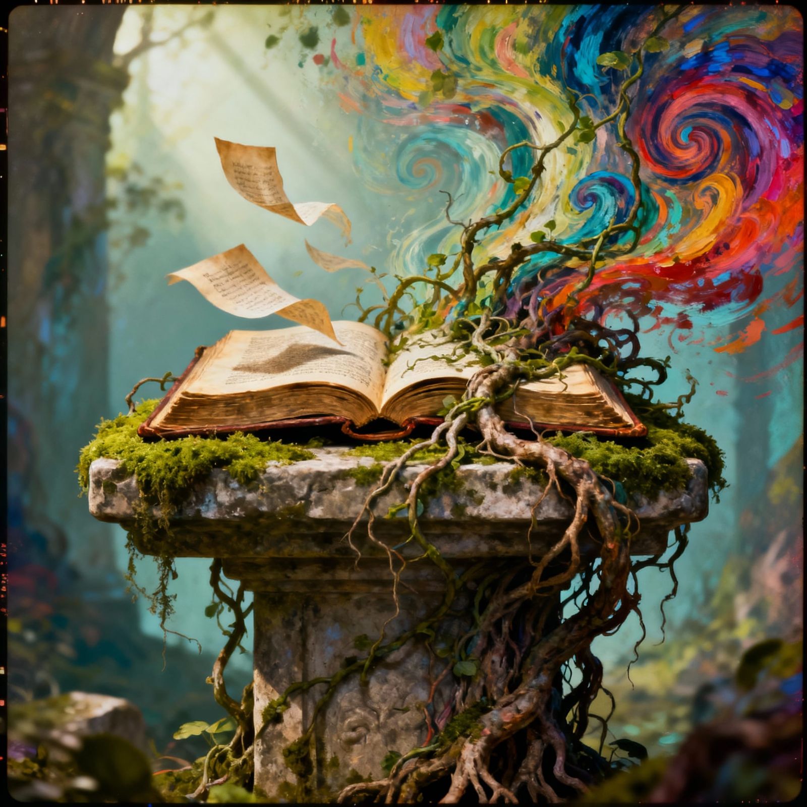 Ancient Book on Altar Consumed by Nature