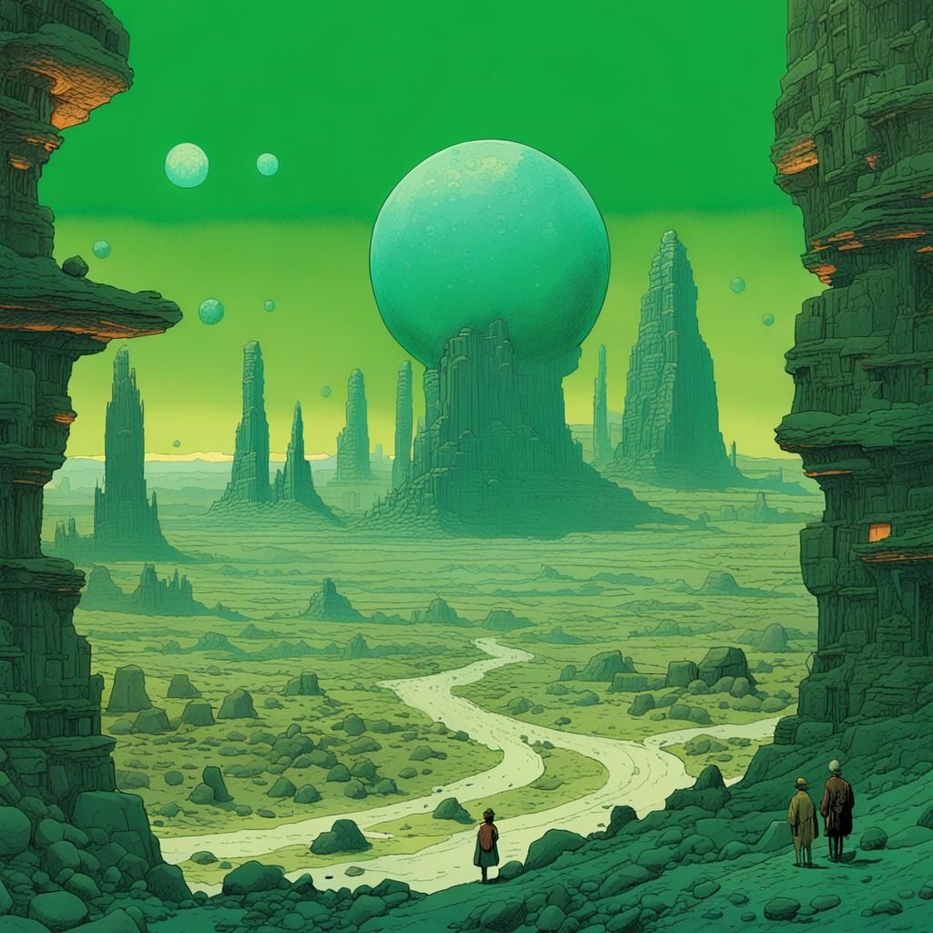 Prehistoric Monuments with Glowing Orbs in Alien Desert