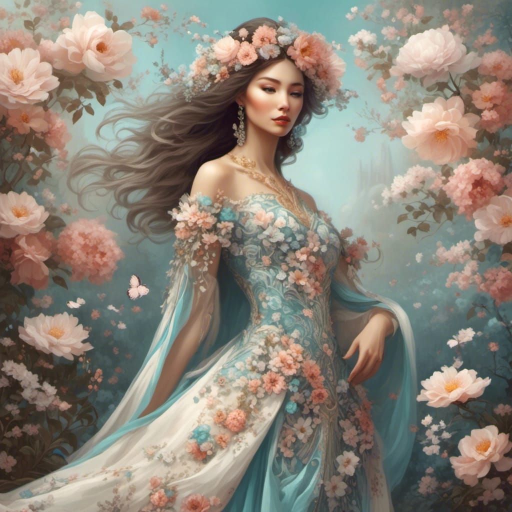 Eurasian Woman in Floral Fantasy Gown