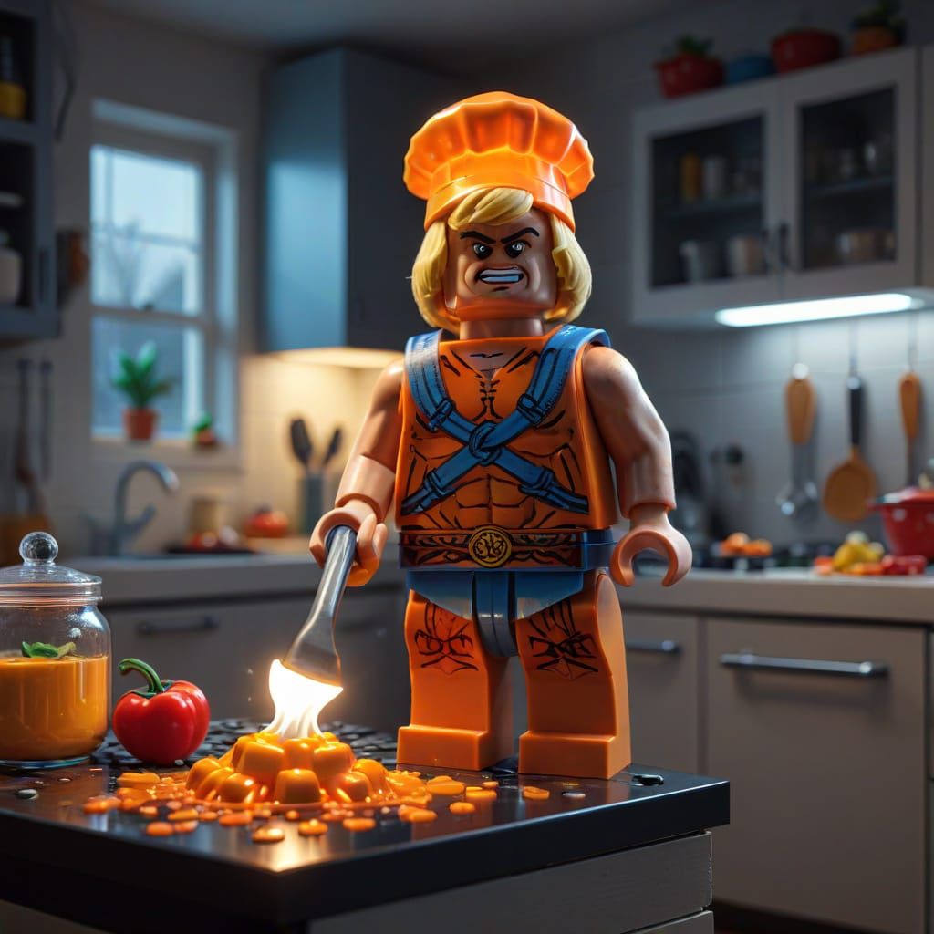 He-Man Lego Chef in Modern Kitchen: Hyperrealism
