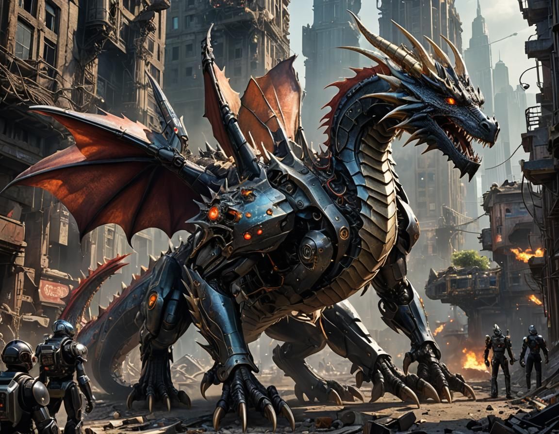 Detailed Nanotech Dragon Portrait in Ruined City