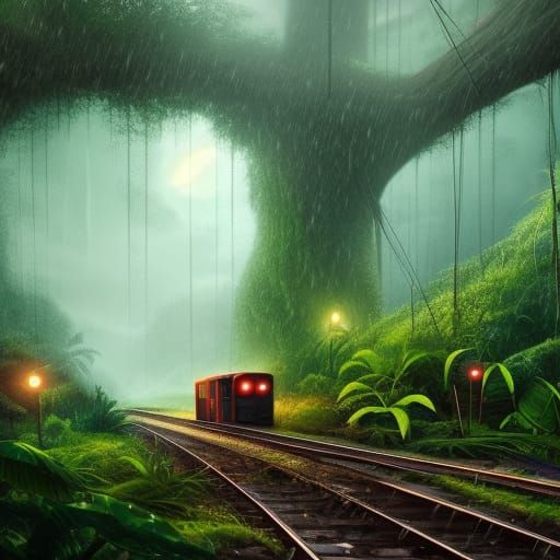 Cozy Train Amidst Lush Jungle in Heavy Rain
