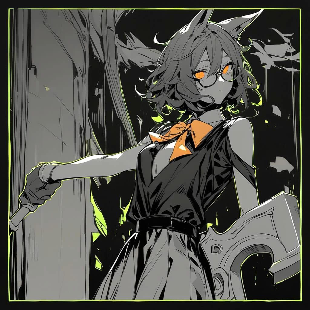 Fox-Eared Boy in Monochrome Line Art