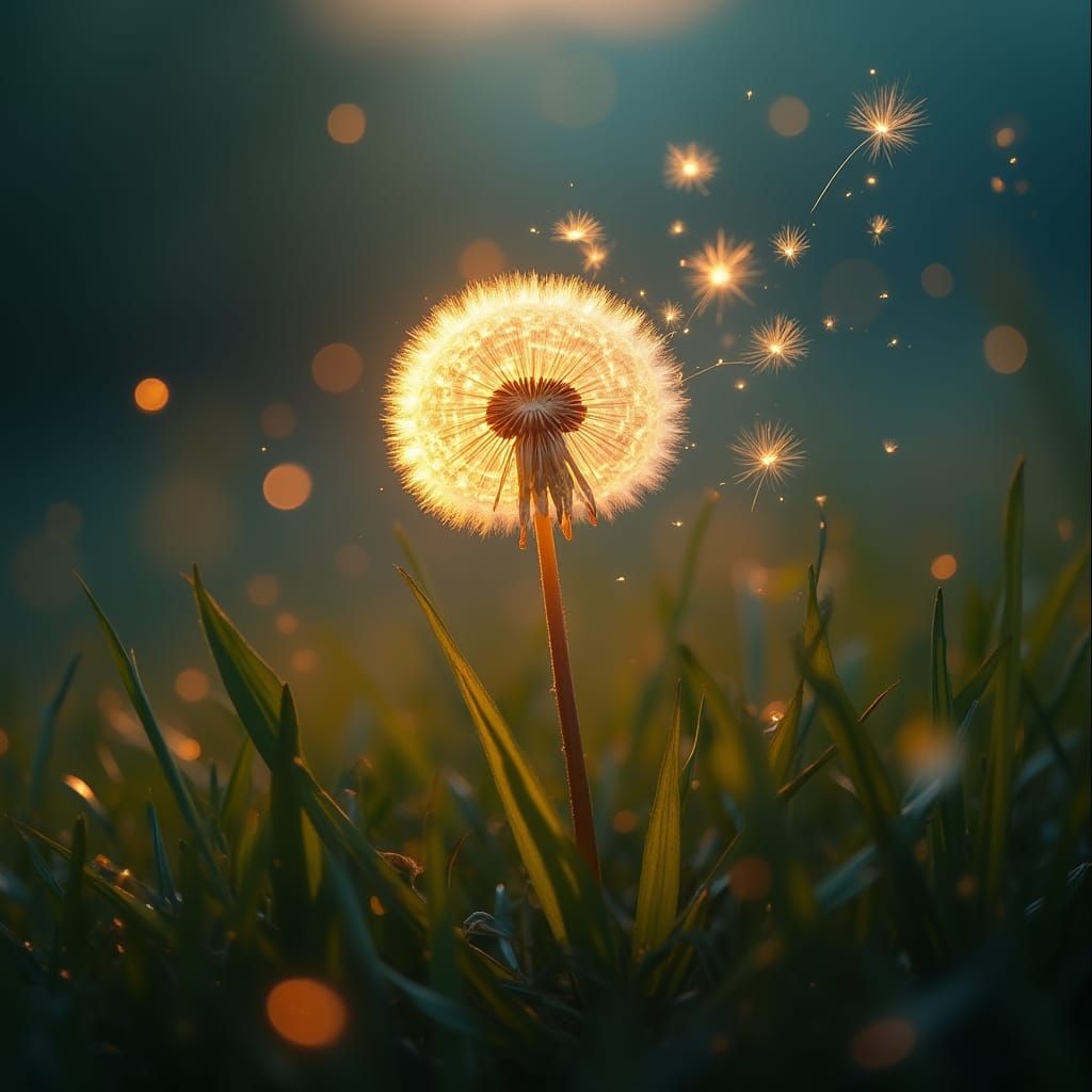 Glowing Dandelion Seeds in Twilight Meadow, Digital Art