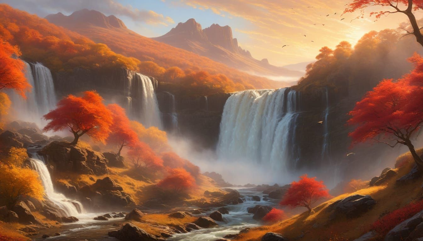 Autumn Sunrise Landscape with Waterfall in Romantic Realism