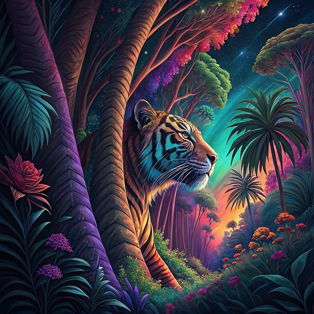 Rainbow Jungle Tiger in Surreal Cosmic Landscape