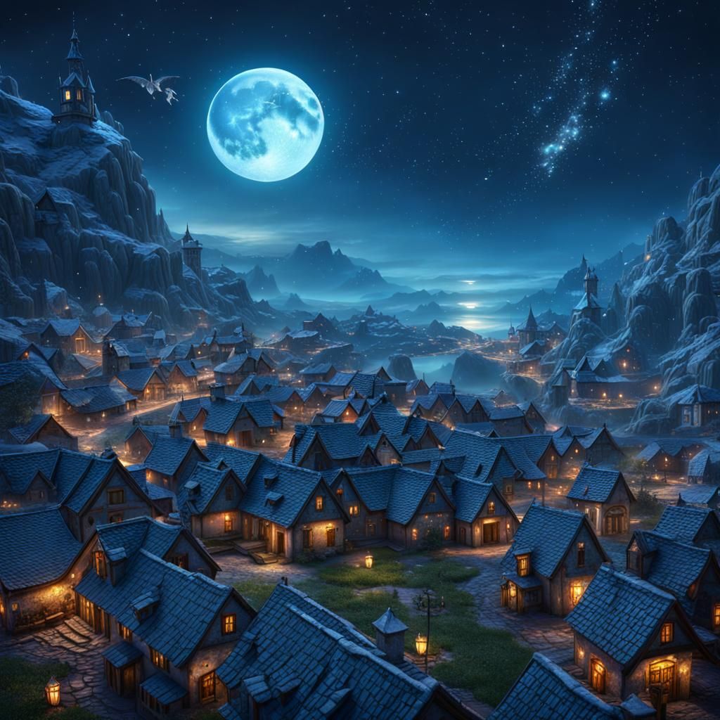 Angel in Moon and Stars Over Village