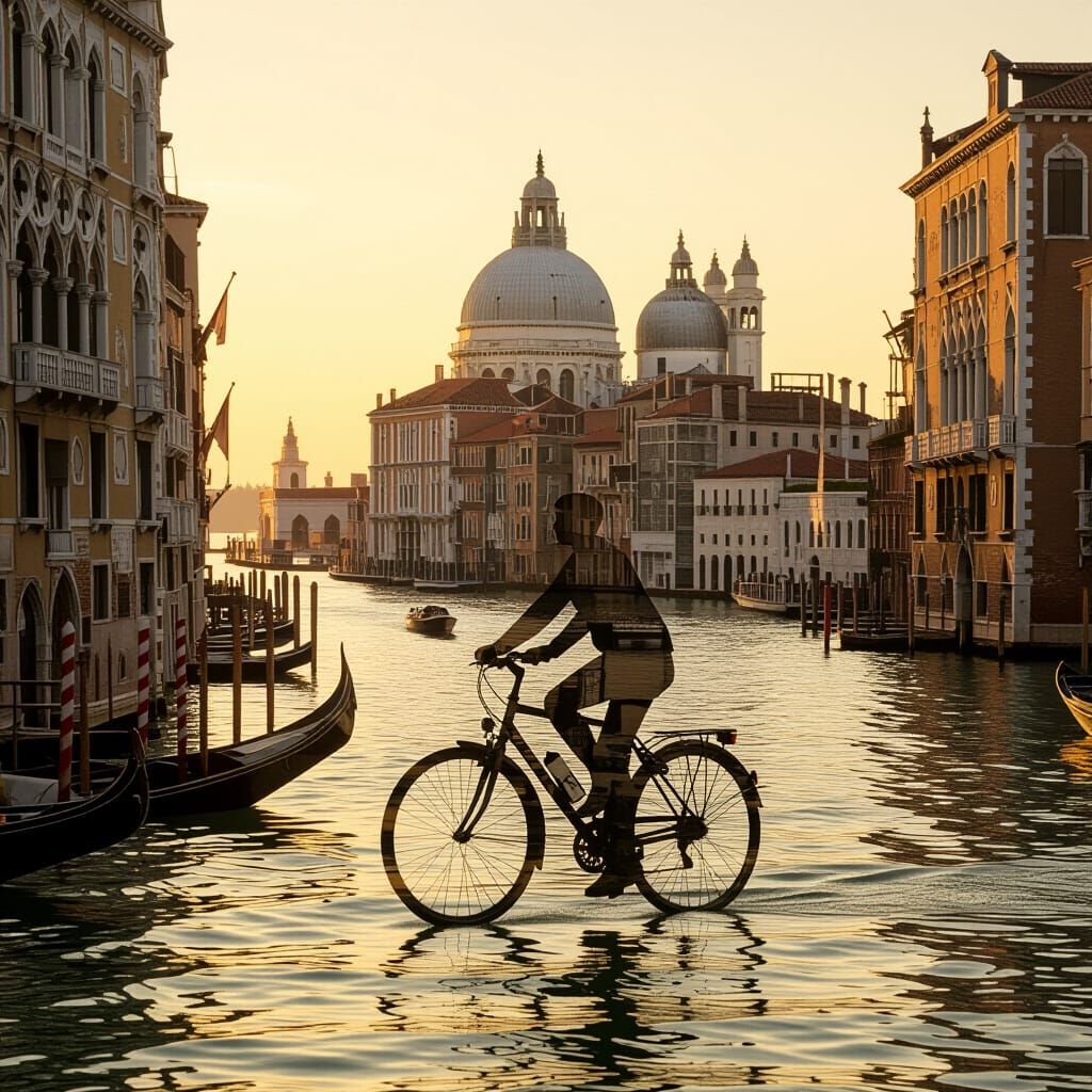 Cyclist Blended with Venice in Double Exposure
