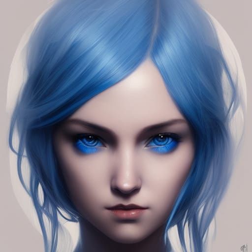 Blue-Haired Woman: Digital Gouache Impressionist Portrait