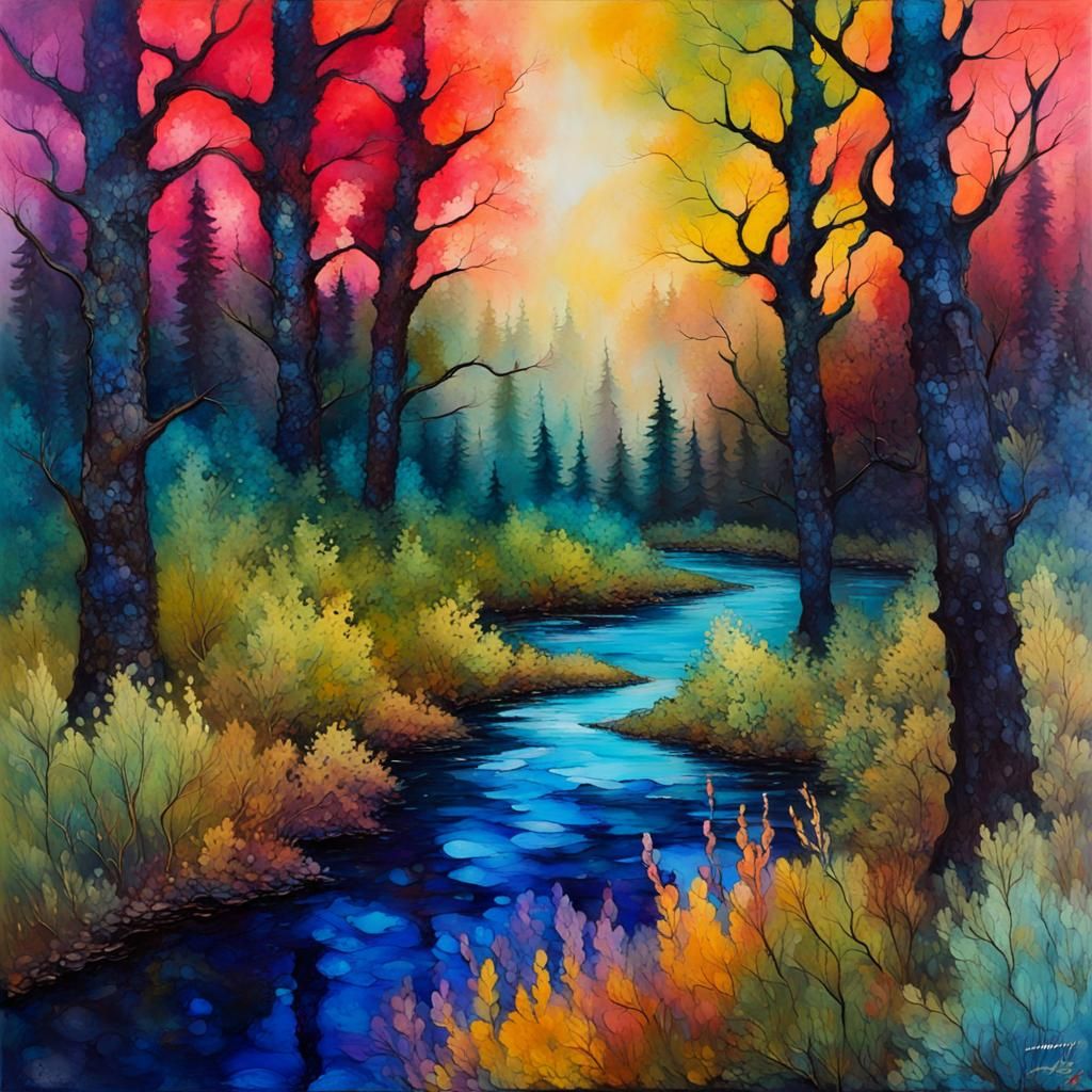Abstract Forest River Landscape in Expressionist Style