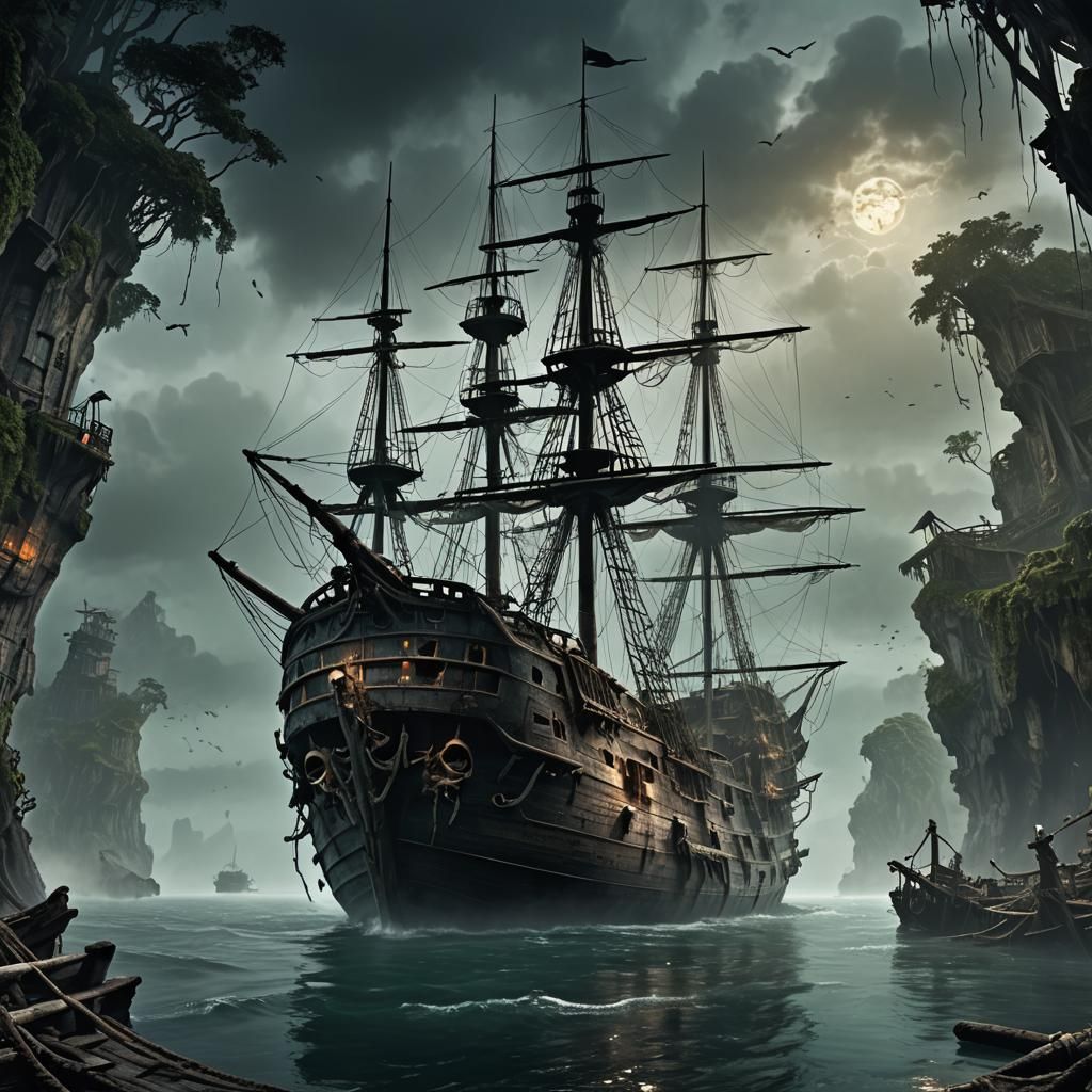 Ghost Ship Anchored off Skull Island: Fantasy Concept Art