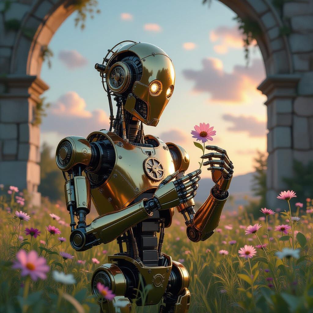 Brass Automaton Holds Flower in Twilight Field
