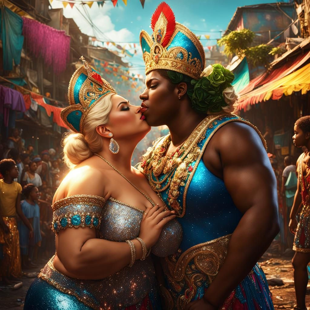 Carnival Queen Kiss in Rio Slums: Detailed Digital Painting