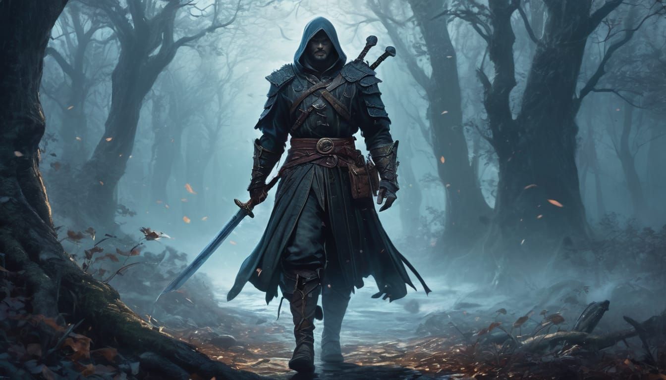 Mysterious Bard in Black, Sword, and Lute, Walking through M...