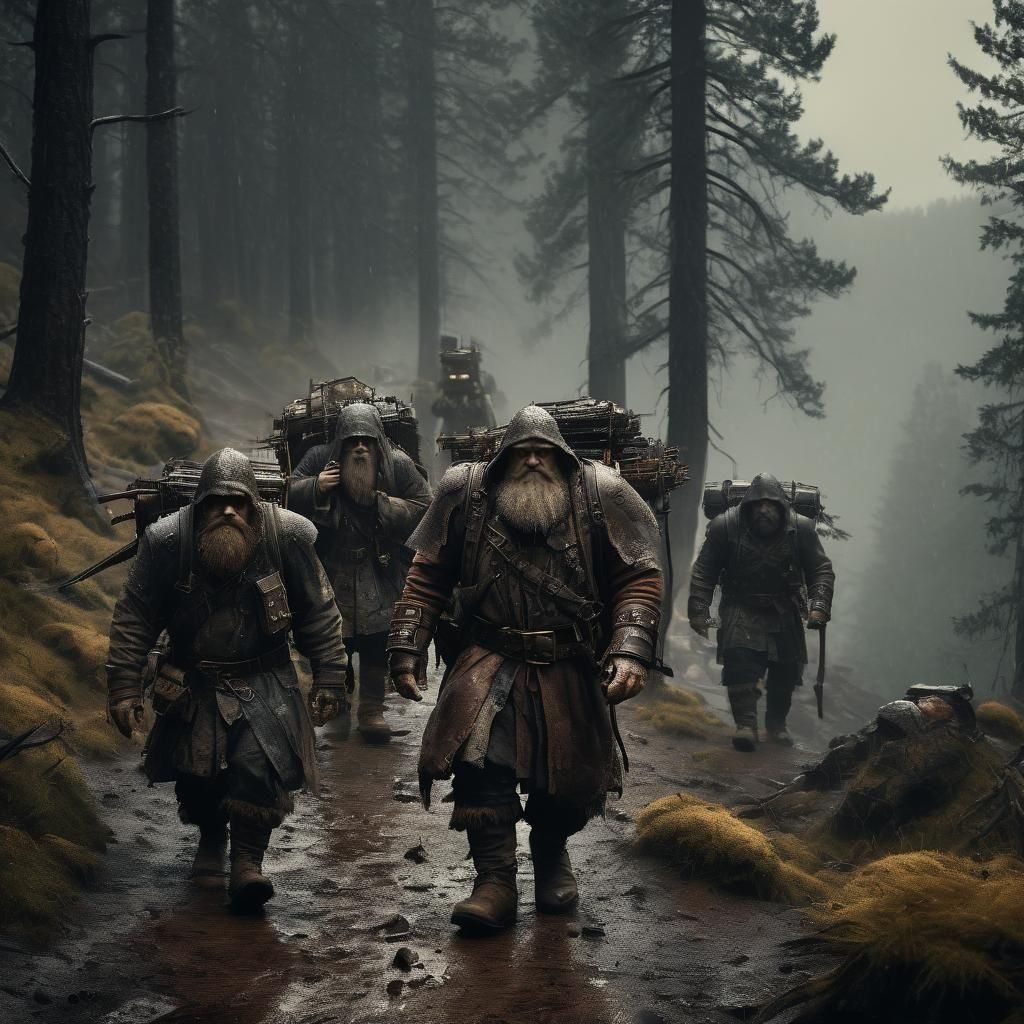 Dwarves on Mountain Path in Rainy Sepia
