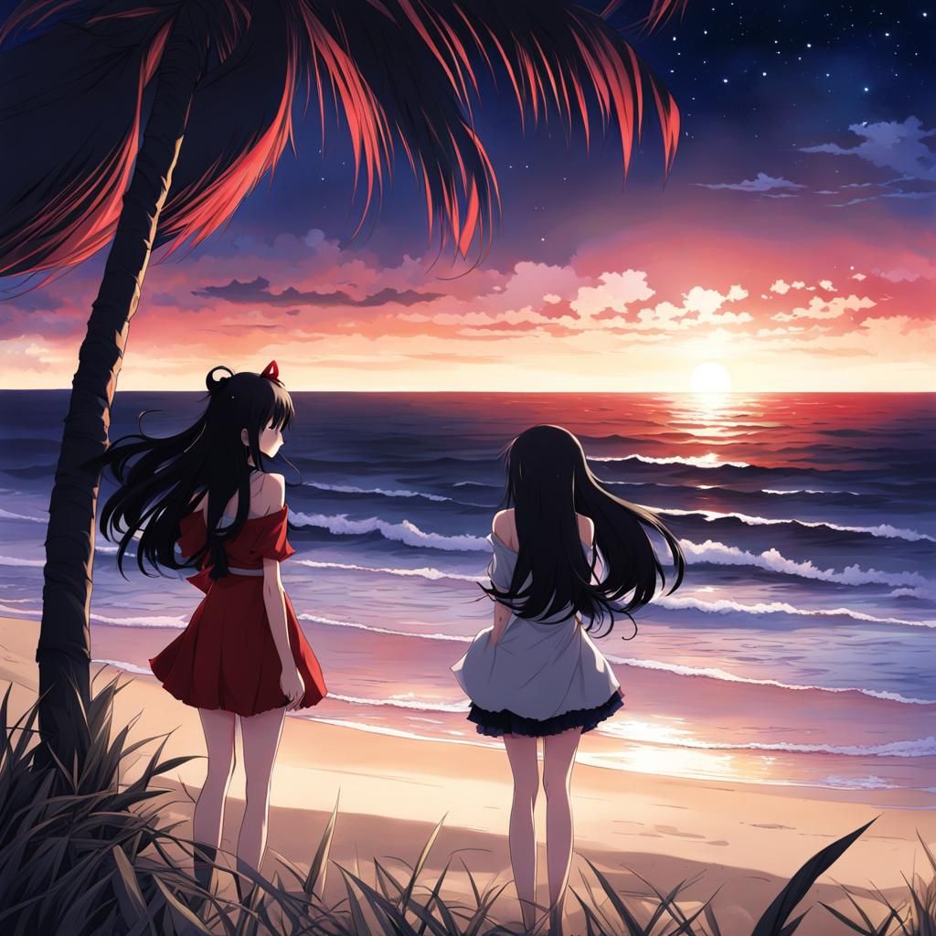 Anime Girls in Love on Beach at Night