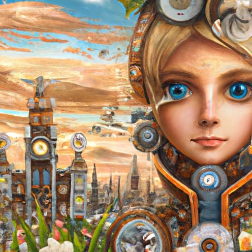 Steampunk Fantasy: Hyperrealistic Woman in Plant-Filled City