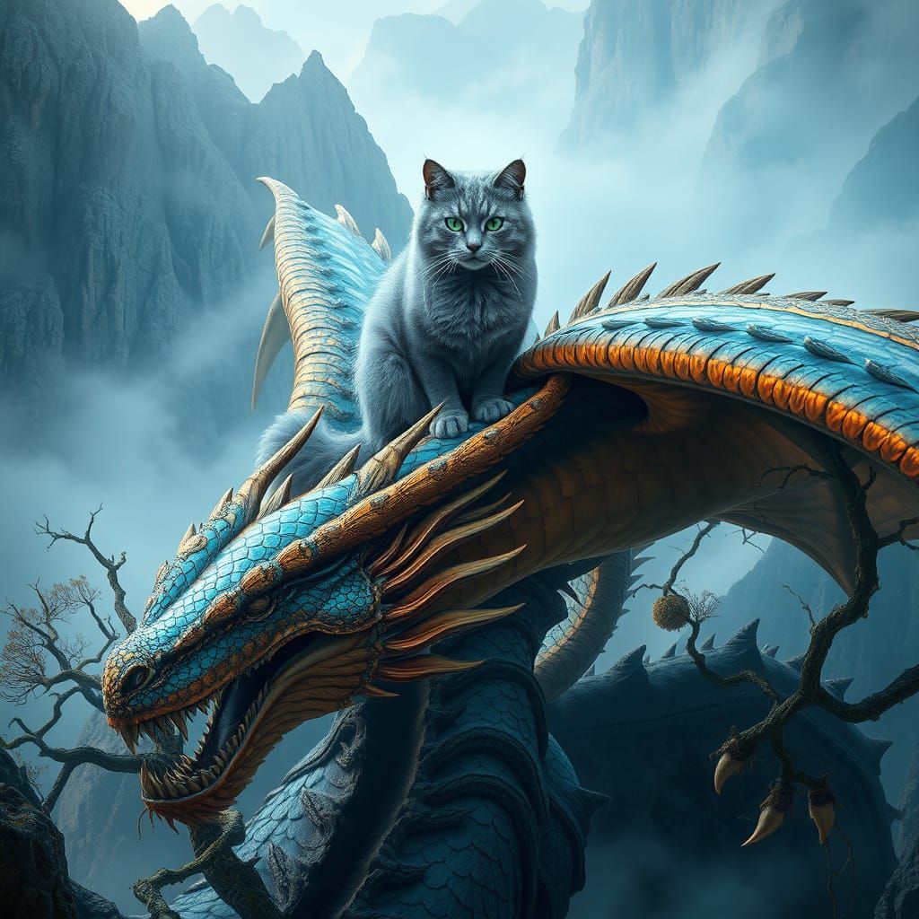 Regal Cat Dominates Majestic Dragon in Vibrant Fantasy Scene