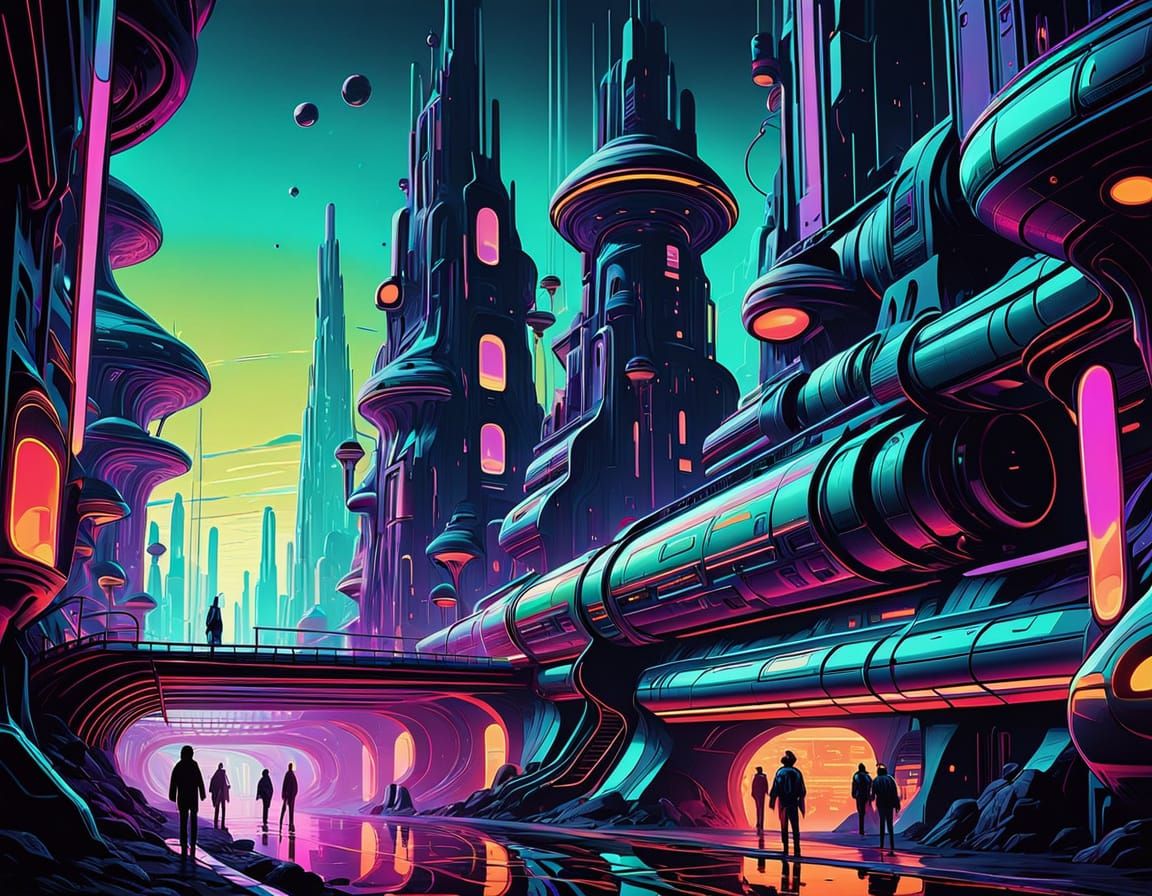 Retro Futuristic Cityscape with Mucus People of Kaleb-Thar