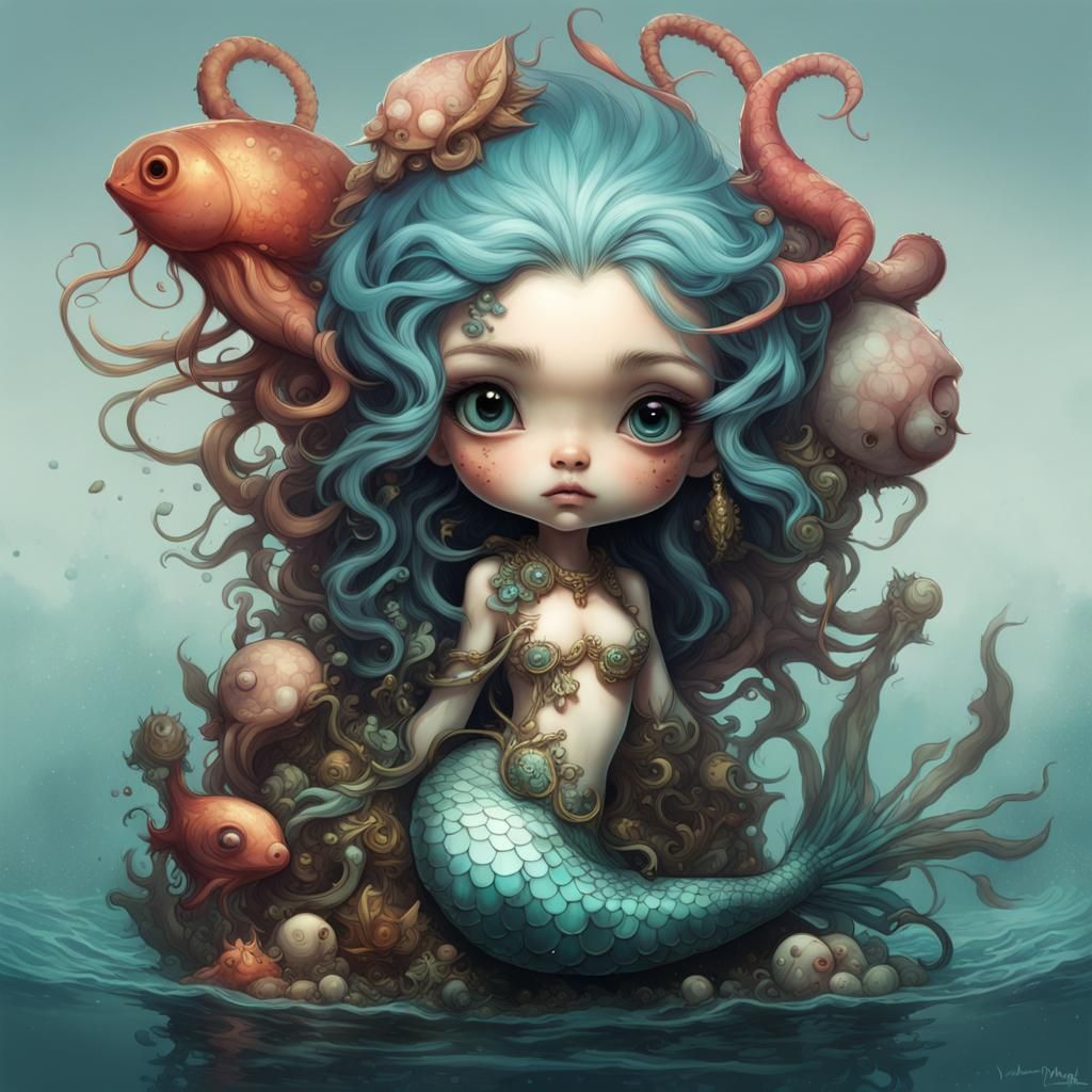 anthropomorphic chibi mermaid with a squid.