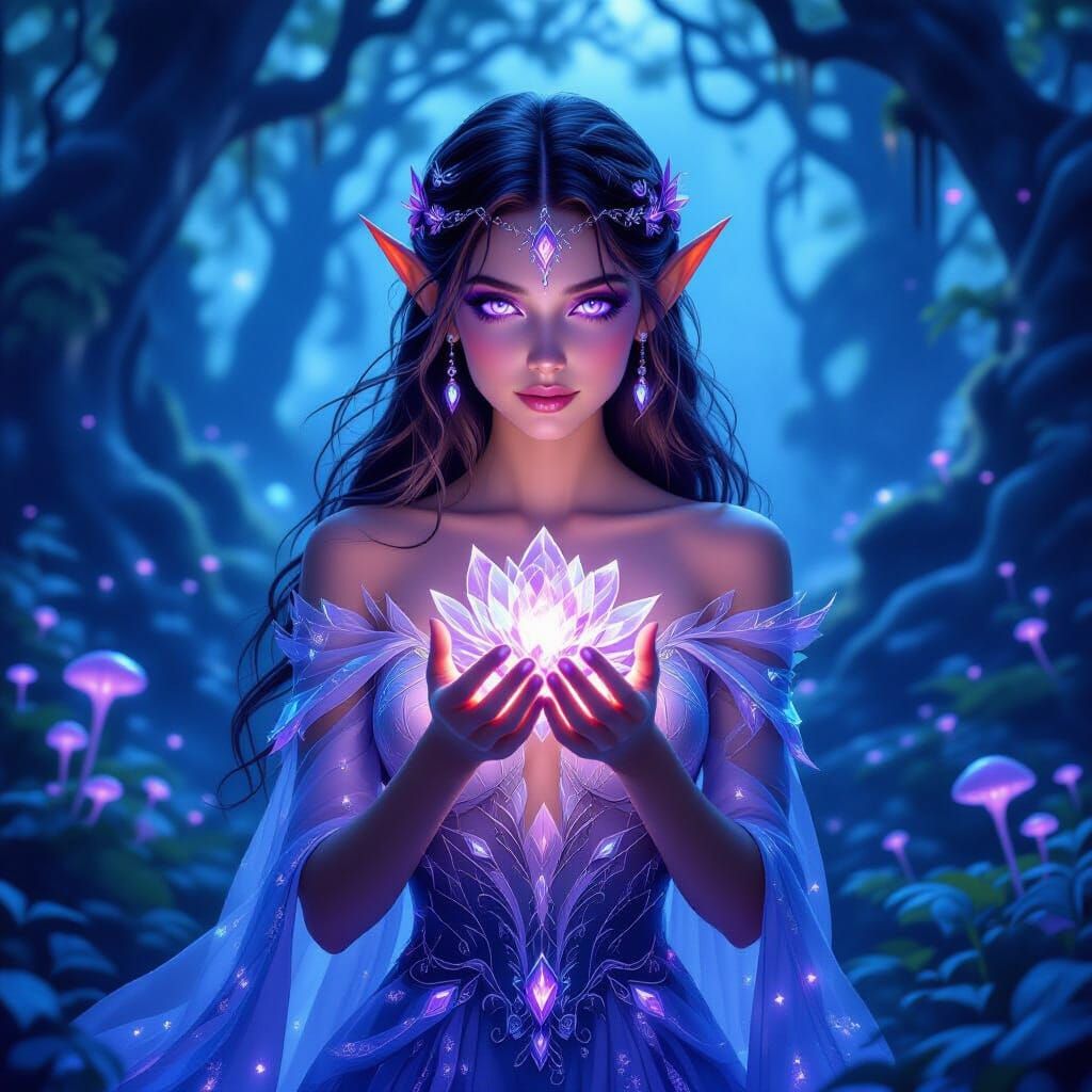 Fantasy Elf with Crystal Flower in Ethereal Forest