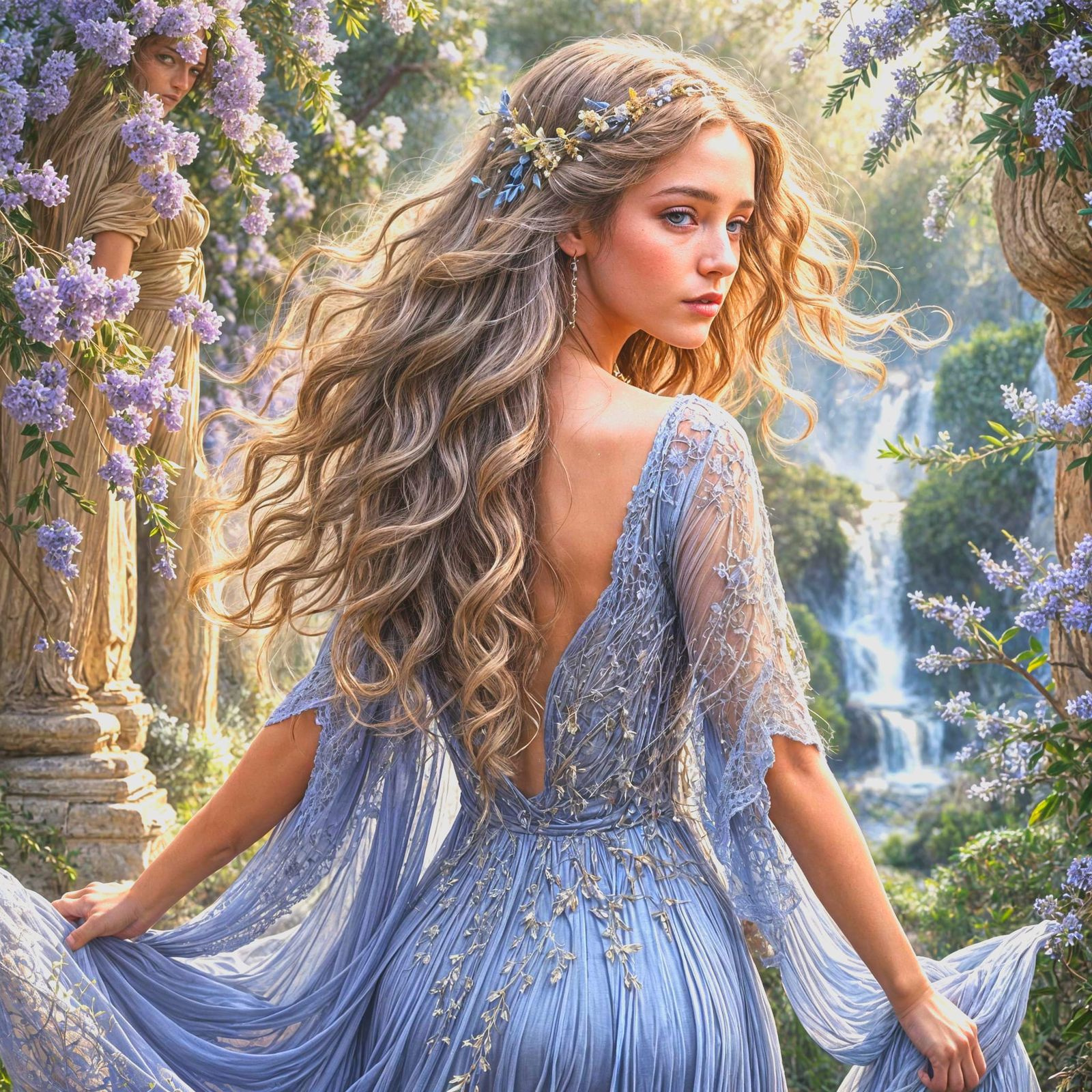 Princess Cassandra, walking in her garden.